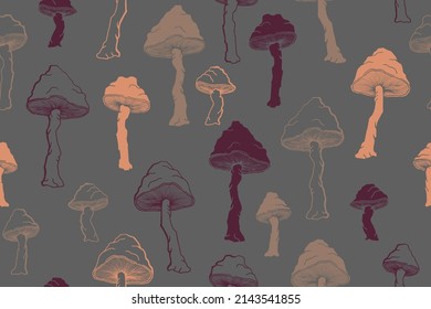 Amanita inedible mushrooms seamless pattern illustration. Fairy forest fungus isolated. Pale toadstool or amanita mushrooms print. Agaric doodle. Textile print background.
