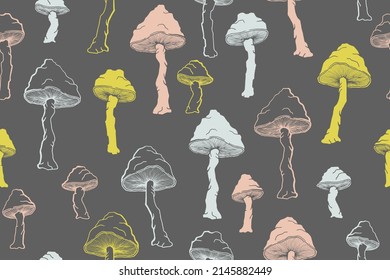 Amanita inedible mushrooms seamless pattern illustration. Fairy forest fungus isolated. Pale toadstool or amanita mushrooms print. Agaric sketch. Textile print background.
