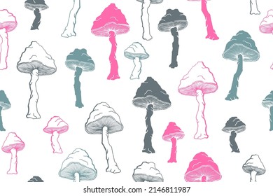 Amanita inedible mushrooms seamless pattern illustration. Mystery forest fungus isolated. Pale toadstool or amanita mushrooms print. Agaric sketch. Fabric print background.