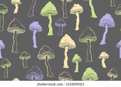 Amanita inedible mushrooms seamless pattern illustration. Fantasy forest fungus isolated. Pale toadstool or amanita mushrooms print. Agaric sketch. Fabric print background.