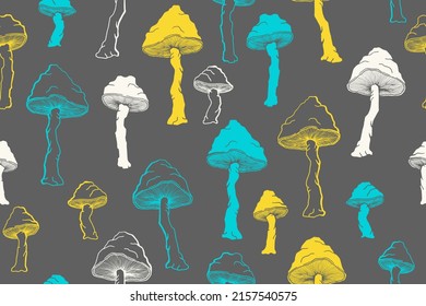 Amanita inedible mushrooms seamless pattern illustration. Fantasy forest fungus isolated. Pale toadstool or amanita mushrooms print. Agaric sketch. Textile print background.