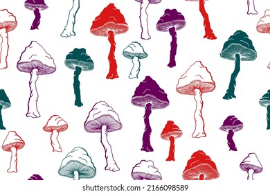 Amanita inedible mushrooms seamless pattern illustration. Mystery forest fungus isolated. Pale toadstool or amanita mushrooms print. Agaric sketch. Fabric print background.