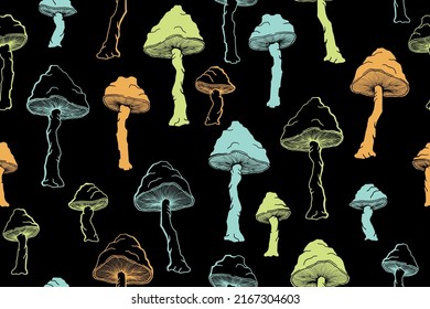 Amanita inedible mushrooms seamless pattern illustration. Magic forest fungus isolated. Pale toadstool or amanita mushrooms print. Agaric sketch. Textile print background.