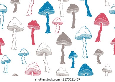 Amanita inedible mushrooms seamless pattern illustration. Mystery forest fungus isolated. Pale toadstool or amanita mushrooms print. Agaric sketch. Fabric print background.