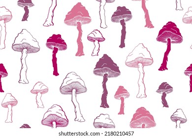 Amanita inedible mushrooms seamless pattern illustration. Magic forest fungus isolated. Pale toadstool or amanita mushrooms print. Agaric doodle. Fabric print background.