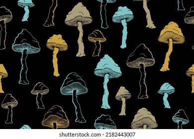 Amanita inedible mushrooms seamless pattern illustration. Fairy forest fungus isolated. Pale toadstool or amanita mushrooms print. Agaric sketch. Fabric print background.