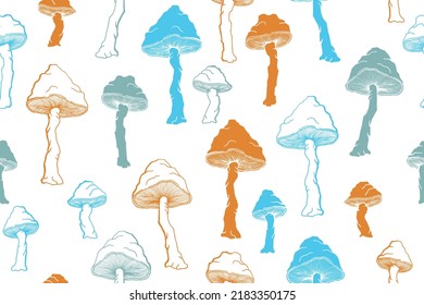 Amanita inedible mushrooms seamless pattern illustration. Magic forest fungus isolated. Pale toadstool or amanita mushrooms print. Agaric sketch. Textile print background.