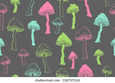 Amanita inedible mushrooms seamless pattern illustration. Magic forest fungus isolated. Pale toadstool or amanita mushrooms print. Agaric sketch. Textile print background.