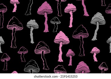 Amanita inedible mushrooms seamless pattern illustration. Fantasy forest fungus isolated. Pale toadstool or amanita mushrooms print. Agaric doodle. Textile print background.