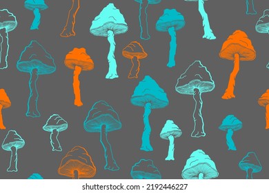 Amanita inedible mushrooms seamless pattern illustration. Fantasy forest fungus isolated. Pale toadstool or amanita mushrooms print. Agaric doodle. Textile print background.