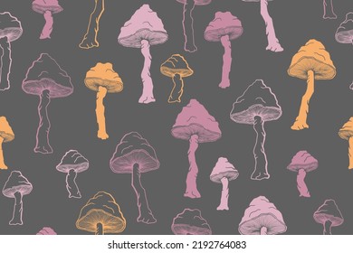 Amanita inedible mushrooms seamless pattern illustration. Fairy forest fungus isolated. Pale toadstool or amanita mushrooms print. Agaric sketch. Fabric print background.