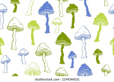 Amanita inedible mushrooms seamless pattern illustration. Magic forest fungus isolated. Pale toadstool or amanita mushrooms print. Agaric doodle. Fabric print background.