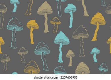 Amanita inedible mushrooms seamless pattern illustration. Mystery forest fungus isolated. Pale toadstool or amanita mushrooms print. Agaric doodle. Textile print background.