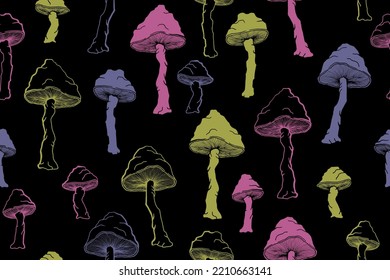 Amanita inedible mushrooms seamless pattern illustration. Magic forest fungus isolated. Pale toadstool or amanita mushrooms print. Agaric sketch. Fabric print background.