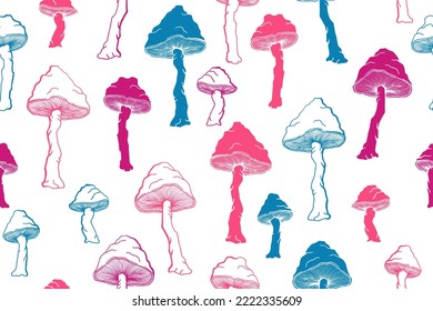 Amanita inedible mushrooms seamless pattern illustration. Mystery forest fungus isolated. Pale toadstool or amanita mushrooms print. Agaric sketch. Textile print background.
