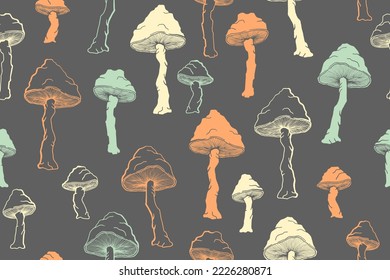 Amanita inedible mushrooms seamless pattern illustration. Fairy forest fungus isolated. Pale toadstool or amanita mushrooms print. Agaric sketch. Textile print background.