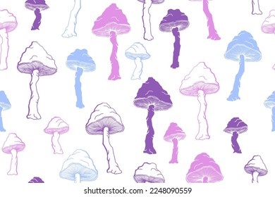 Amanita inedible mushrooms seamless pattern illustration. Fairy forest fungus isolated. Pale toadstool or amanita mushrooms print. Agaric sketch. Textile print background.