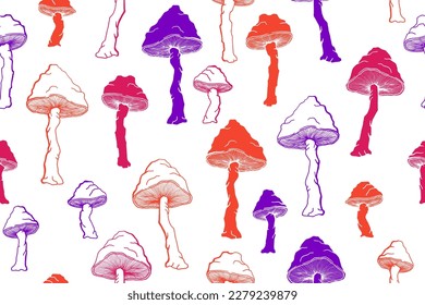Amanita inedible mushrooms seamless pattern illustration. Fairy forest fungus isolated. Pale toadstool or amanita mushrooms print. Agaric doodle. Textile print background.