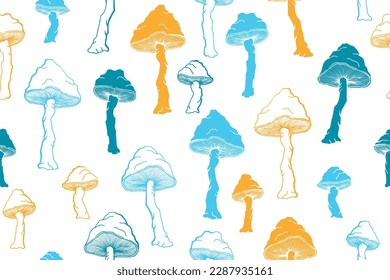 Amanita inedible mushrooms seamless pattern illustration. Fantasy forest fungus isolated. Pale toadstool or amanita mushrooms print. Agaric doodle. Fabric print background.
