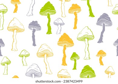 Amanita inedible mushrooms seamless pattern illustration. Fantasy forest fungus isolated. Pale toadstool or amanita mushrooms print. Agaric sketch. Fabric print background.