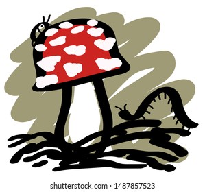 Amanita and insects on a white background. Vector illustration.