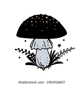 Amanita, magic black mushroom with plant branches, boho hand drawn illustration, magic witch tattoo. Vector doodle illustration isolated on white background