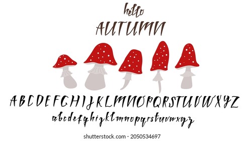 Amanita. Medicinal mushrooms. Alternative medicine. Vector illustration. Script font. Alphabet.