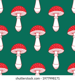 Amanita Muscaria (fly agaric) mushroom seamless pattern. Vector illustration.