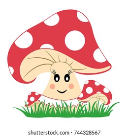 Amanita muscaria in grass. Stylized character. Vector illustration