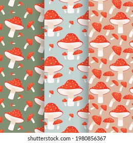 Amanita muscaria mushroom seamless patterns set. Vector illustration 