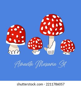 Amanita Muscaria Mushroom vector set. Red Fly agaric autumn collection. Fungi Flat illustration