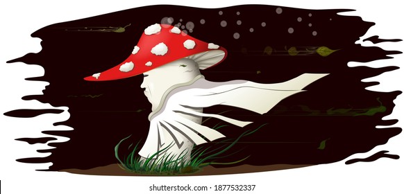 Amanita mushroom cartoon with developing cloak.