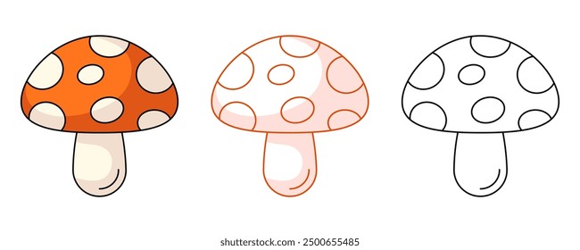 Amanita mushroom, fly agaric, colorful and line icon set. Fall icon of poisonous food. Vector flat outline icon, monochrome red and color illustration. For logo, sticker, coloring book, label