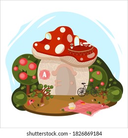 Amanita mushroom house, with windows, fabulous, magical, autumn, stands in the forest, the animal lives in it, red roof