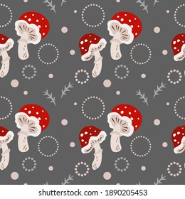 Amanita mushroom in a red hat on a grey background.Vector illustration, pattern. For poster, material, greeting card,cover, banner, textile and other graphic design.Scalable to any size.