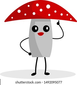 Amanita mushroom with red lips stands with a raised finger up cartoon character for design with white spots on a hat