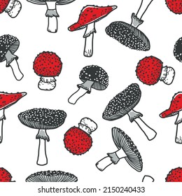 Amanita mushroom seamless pattern design - red and black mushrooms with white dots on white background. Creative autumn texture for fabric, wrapping, textile, wallpaper, apparel.