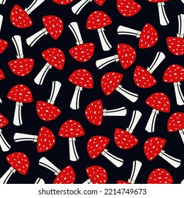 Amanita mushroom seamless pattern. Fly-agaric muscaria silhouettes wallpaper. Autumn season retro style textile print. Simple botanical background. Minimal design organic backdrop. Vector illustration