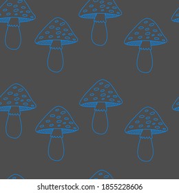Amanita mushroom seamless pattern. Poisonous psychedelic  dangerous fungus in outline in bright neon blue color on dark grey background. Vivid 60s hippie vector ornament, wallpaper, print for textile