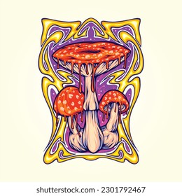 Amanita mushroom with trippy vintage frame logo illustrations vector for your work logo, merchandise t-shirt, stickers and label designs, poster, greeting cards advertising business company or brands