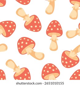 Amanita Mushroom Vector Seamless Pattern. Cartoon Red Amanita Mushroom Illustration. Forest Background. Poisonous Mushroom Fabric. Amanita Nature Decor, Woodland Print Design
