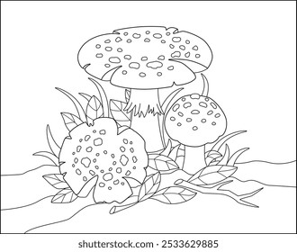 Amanita mushrooms among the grass and leaves - vector linear image for coloring. Outline. Coloring page with fly agaric mushrooms and plants