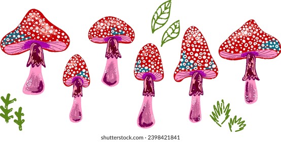 Amanita mushrooms are different. Vector grainy set of texture elements, cartoon style, doodle, grunge texture, colored pencil, old paint, pencil texture, pastel, pencil. Vector collection.