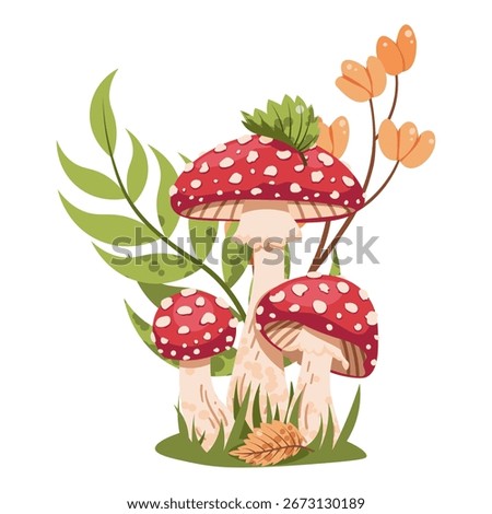 Amanita Mushrooms Forest Composition Flat Vector Illustration Isolated on White. Poisonous Fungi Design for Fairy Tale Books, Autumn Stickers, Seasonal Decor, and Education. Ideal for Nature Theme