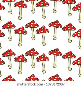 Amanita mushrooms in horizontal rows seamless pattern, spotted mushrooms with red cap and dots on a white background illustration