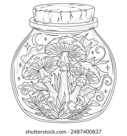 Amanita mushrooms in a jar.Coloring book antistress for children and adults. Illustration isolated on white background.