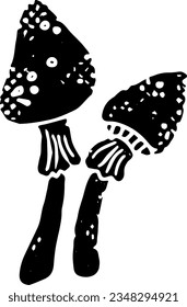 Amanita mushrooms in linocut style with a shabby texture. Halloween decor. Vector element.