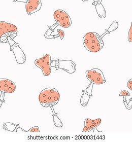 Amanita mushrooms pattern. Halloween. Poisonous mushrooms for a potion of witchcraft. Vector illustration, background isolated.