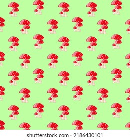 Amanita mushrooms pattern, seamless pattern with mushrooms. Botanical design for textile, wallpaper, website, packaging materials, wrapper. Vector illustration.