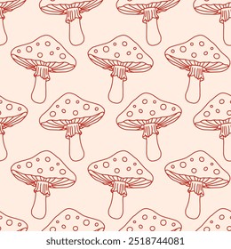 Amanita Mushrooms Seamless Pattern Cozy Autumn Hand Drawn Doodle Sketch Fungi Background. Fall Design Fabric Print Vector Illustration Vintage Retro Style